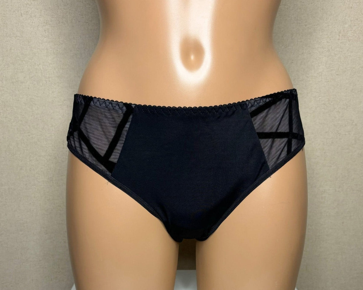 Black tanga panties with elegant geometric detailing