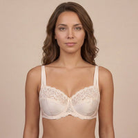 Woman wearing alight beige lace bra against a beige background