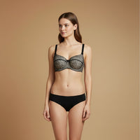 Woman wearing a black lace bra.