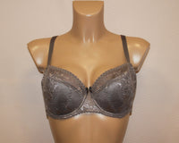 A half padded, underwired, brown lace bra with adjustable straps.