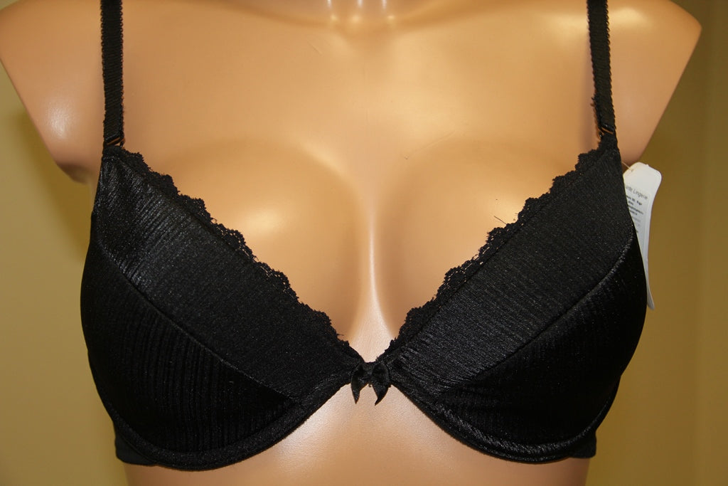 A black push-up bra, featuring underwired support, cotton lining on cups, and adjustable straps.