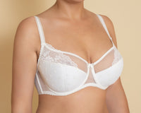 A woman's ivory-colored half-padded bra with adjustable straps and lace detailing.