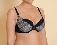 A woman's push-up bra with floral pattern in black colour, with adjustable straps and cotton lining on cups.