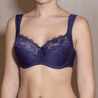 A blue underwired bra with lace detailing and adjustable straps.