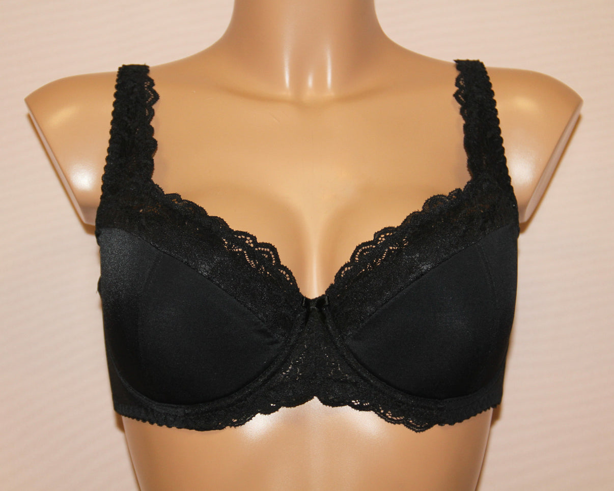 A black, half padded, underwired bra with adjustable straps and cotton lining on the lower part of cups.