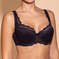 Black lace bra with half padding and adjustable straps.