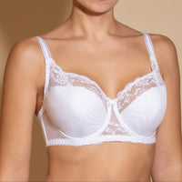 White lace bra with adjustable straps and underwired support.