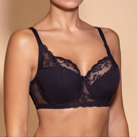 Black lace bra with adjustable straps and underwired support.