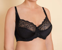 Black soft cup bra with underwired support and lace detailing.