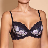 A woman's push-up bra with floral pattern, with adjustable straps and cotton lining on cups.