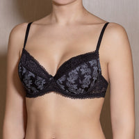 Black push-up bra with floral lace pattern on the cups.