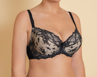 A woman's push-up bra with floral pattern in black and beige colour, with adjustable straps and cotton lining on cups.