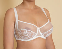 Ivory floral lace soft cup bra with adjustable straps.