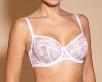 White soft cup lace bra with adjustable straps.