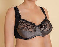 Grey soft cup bra with floral print and extra cup's side support.