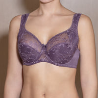 Half padded bra in violet colour with lace cups and adjustable shoulder straps.