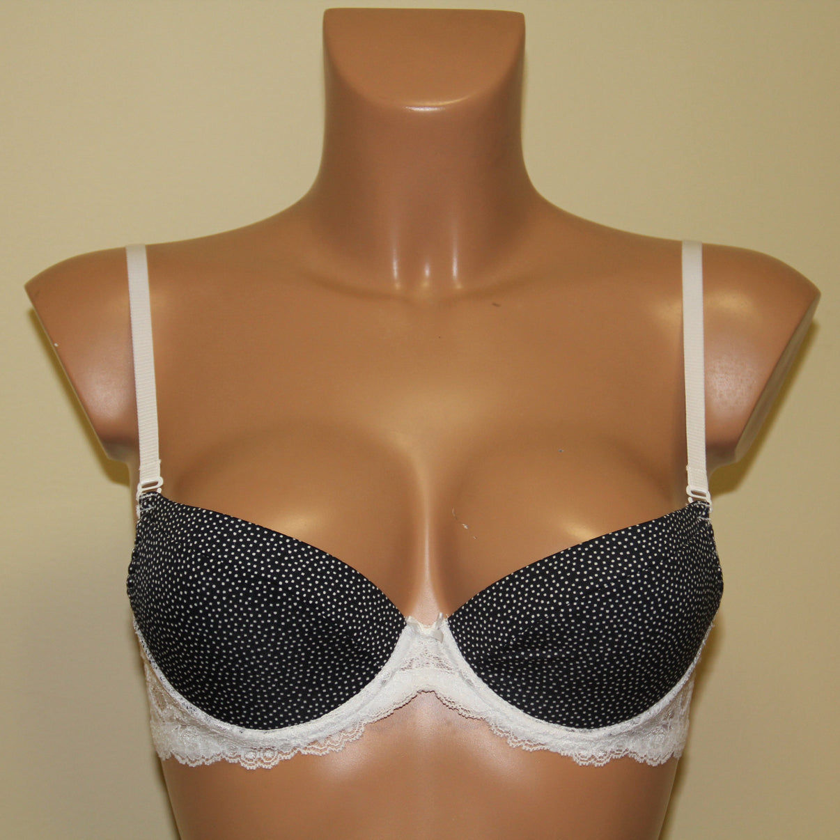 A push-up bra with multicolour cups.